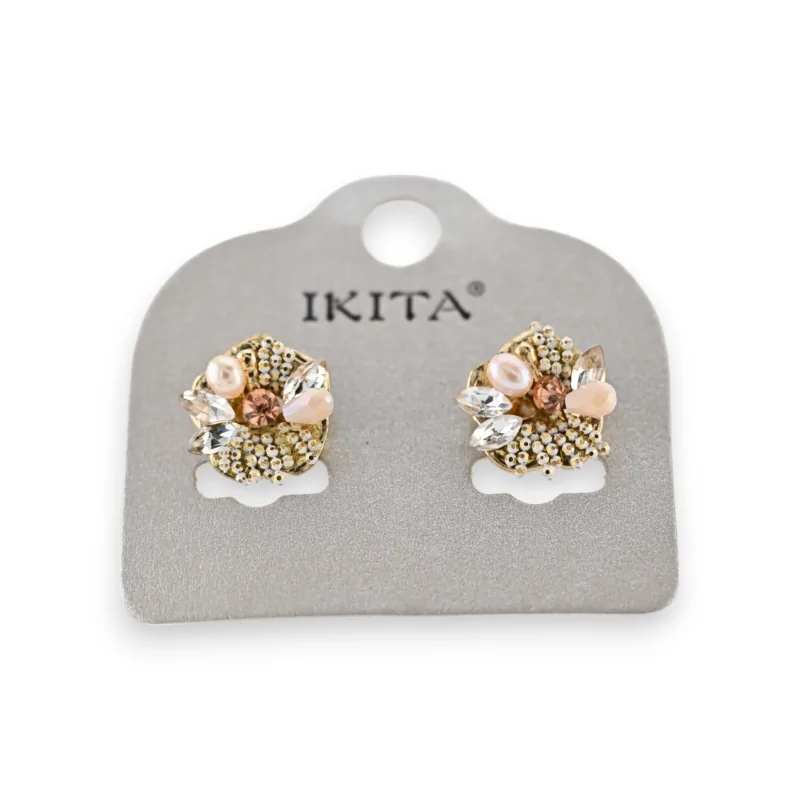 Gold-tone metal earrings with relief flower design and various pearls by Ikita brand