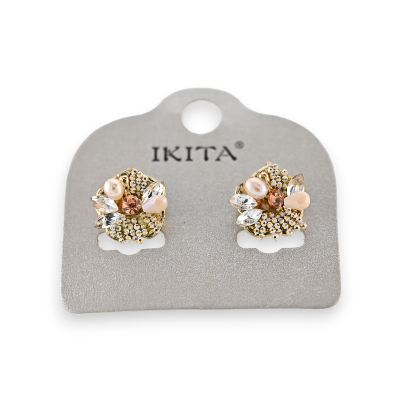 Ohrringe aus vergoldetem Metall mit Blumenrelief und verschiedenen Perlen der Marke Ikita