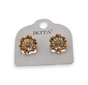 Boucles d'oreilles métal doré fleur perles marron marque Ikita