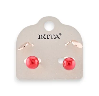 Gold metal earrings with red pearl, designer brand Ikita