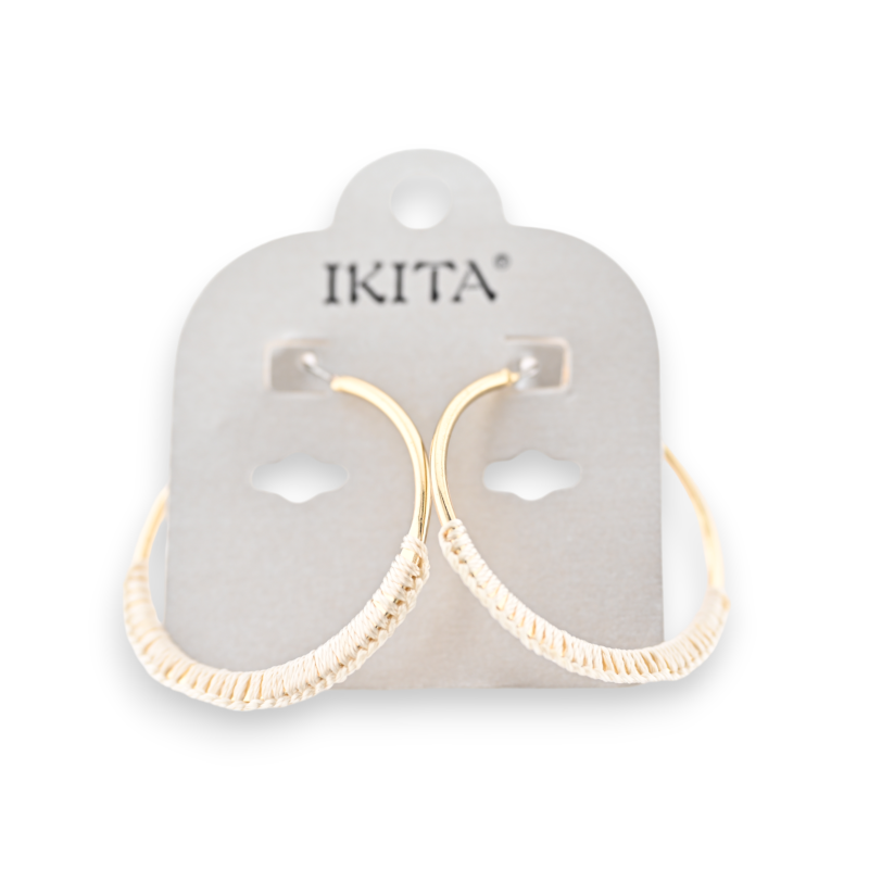 Kreolen Ohrringe aus vergoldetem Metall mit Ecru-Stoffdetails Marke Ikita