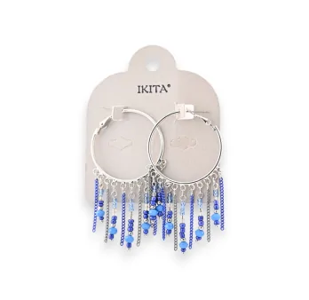 Blue pearl fringe hoop earrings by Ikita