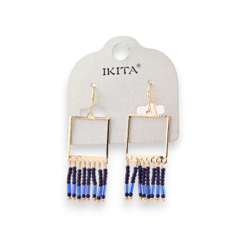 Square medallion earrings with fringe blue beads from Ikita