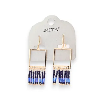 Square medallion earrings with fringes and blue beads by Ikita