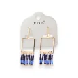 Square medallion earrings with fringes and blue beads by Ikita