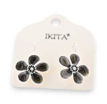 Boucles d'oreilles fleurs noires argentées Ikita