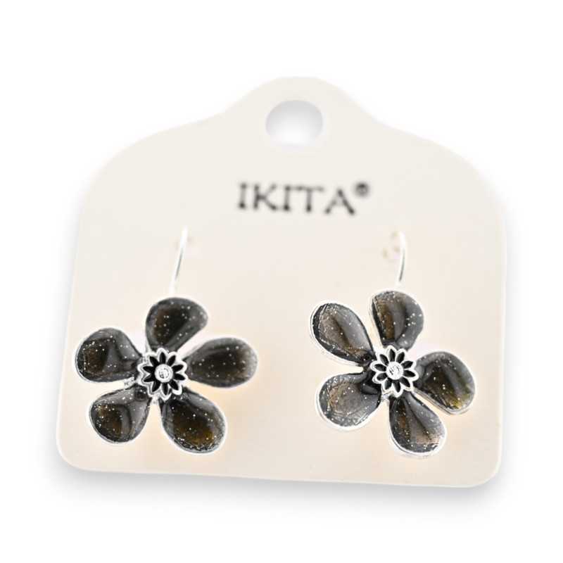 Boucles d'oreilles fleurs noires argentées Ikita