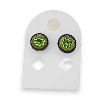 Circular dark grey metal earrings with green rhinestones