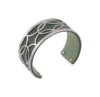 Slim Silver-Tone Cuff Bracelet with Faux Leather in Khaki and Aqua Green
