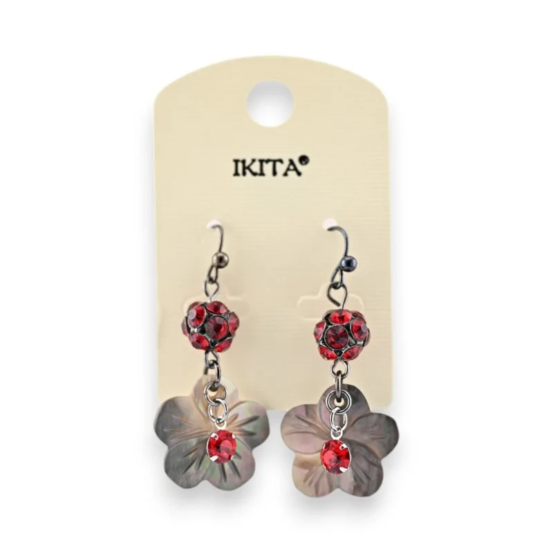 Pendientes Ikita de flor de nácar y strass rojo