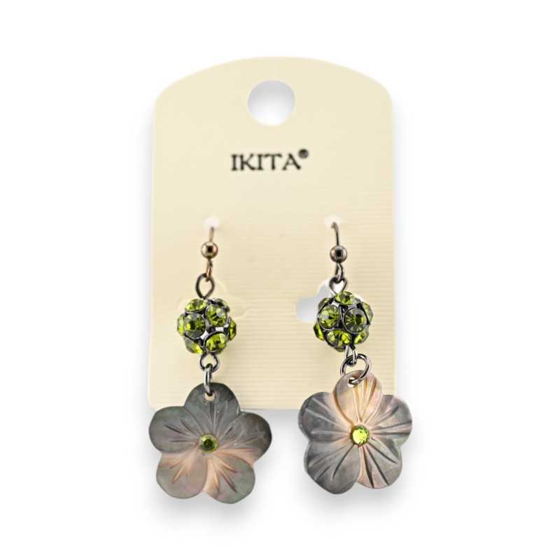 Ikita Mother of Pearl Flower Earrings with Khaki Rhinestones