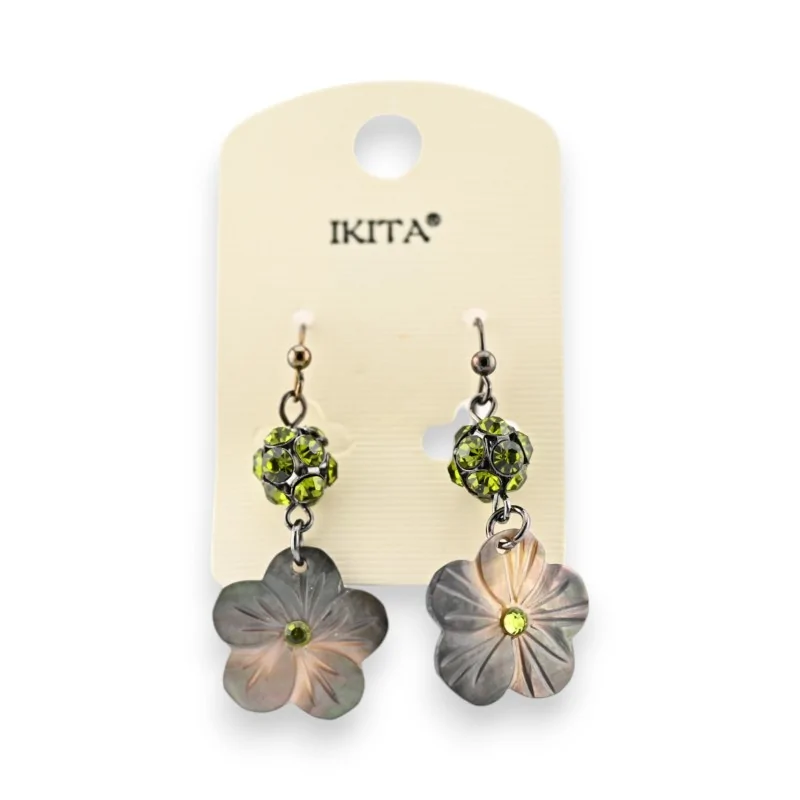 Ikita Pearl Flower Earrings with Khaki Rhinestones