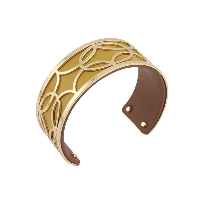 Bracelet manchette fin finition dorée simili cuir moutarde et marron