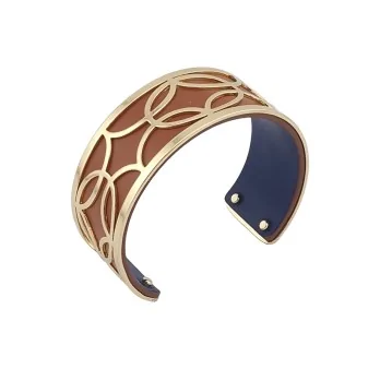 Fine golden finish cuff bracelet with camel and navy blue simulated leather