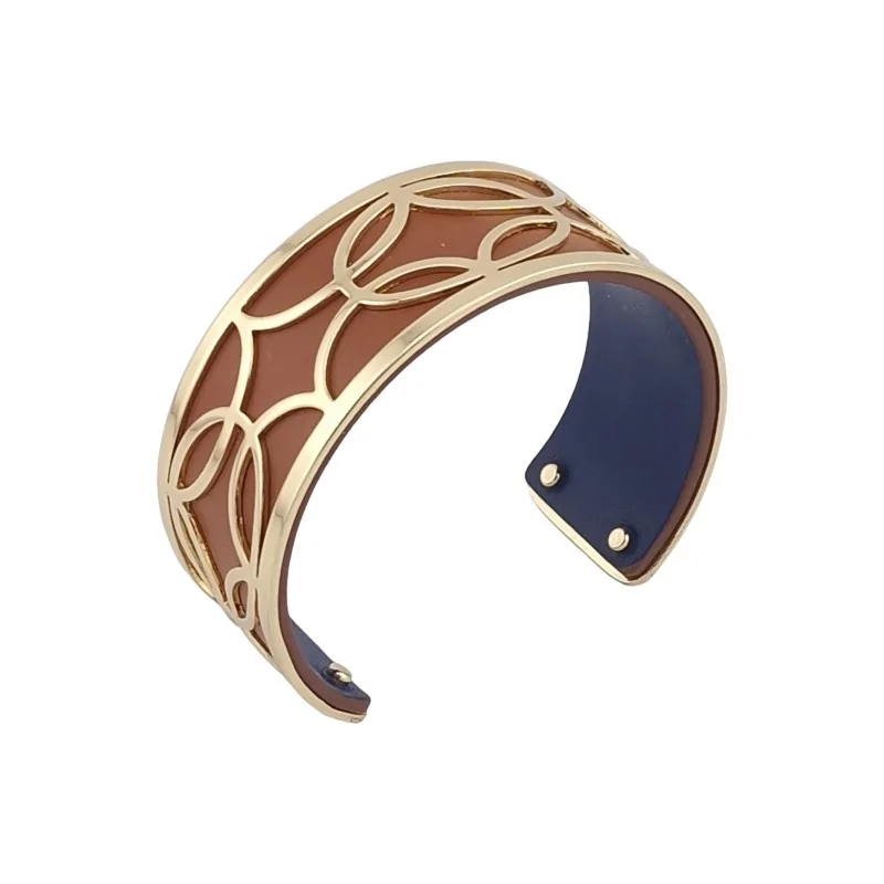 Fine golden finish cuff bracelet with camel and navy blue simulated leather