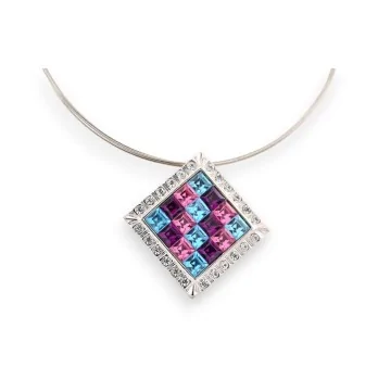 Silver choker necklace with multicolored diamond-shaped pendant