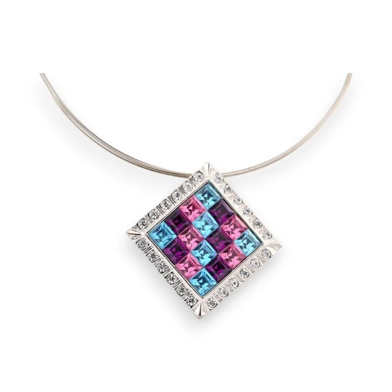 Collier ras de cou argenté avec médaillon losange multicolore