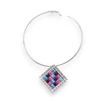 Collier ras de cou argenté avec médaillon losange multicolore