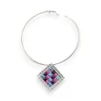 Silver choker necklace with multicolored diamond-shaped pendant