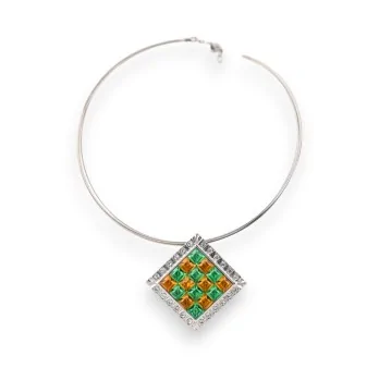 Choker necklace with silver diamond pendant and orange and green rhinestones