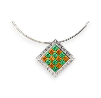 Choker necklace with silver diamond pendant and orange and green rhinestones