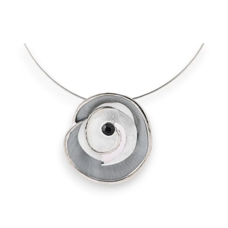 Silver choker necklace with gray spiral pendant