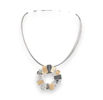 Circular pendant necklace Ikita in silvered metal Grey and beige