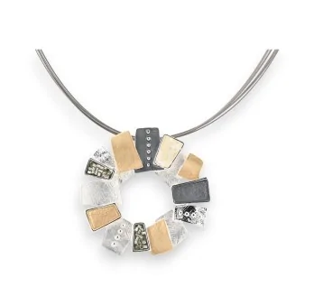 Collar colgante circular Ikita de metal plateado Gris y beige