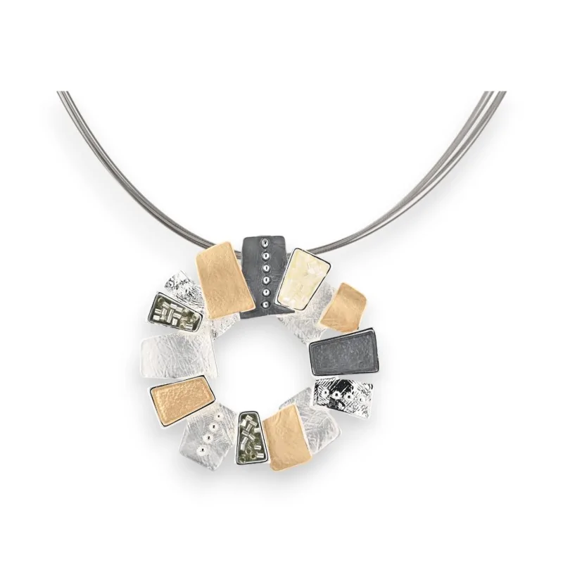 Circular pendant necklace Ikita in silvered metal Grey and beige