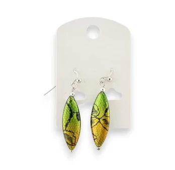 Dangling earrings with green and yellow lace pattern