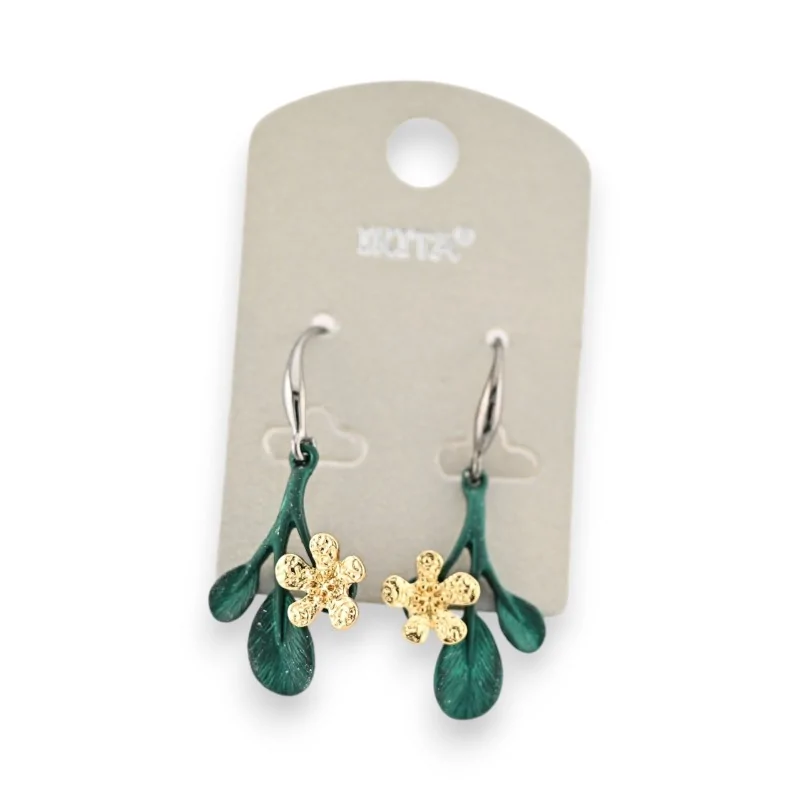 Boucles d'oreilles Ikita feuilles vertes et fleurs dorées