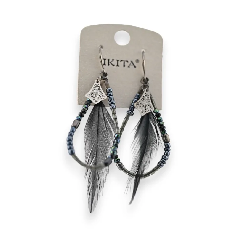 Black pearl and feather earrings by Ikita