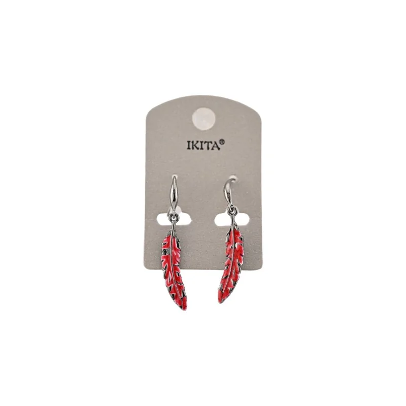 Metal feather earrings in red from Ikita