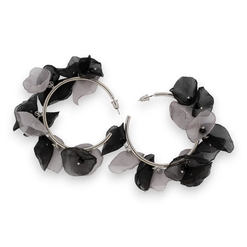 Black and grey fabric flower creole earrings