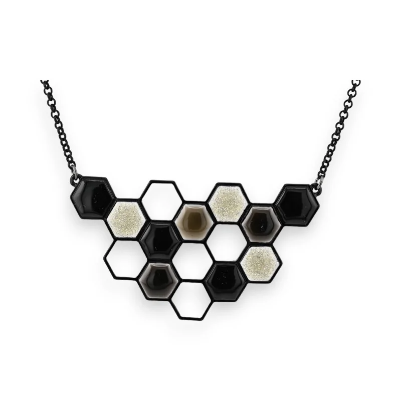 Black and white honeycomb medallion fashion necklace by Ikita