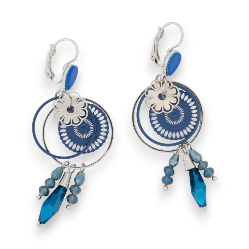 Trendy dangling blue and silver earrings