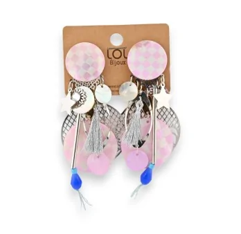 Boucles d'oreilles clip damier rose et blanc nacré