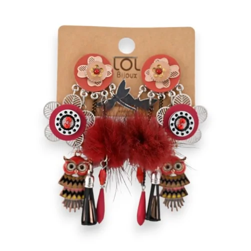 Boucles d'oreilles à clip Lolilota Hibou Bordeau