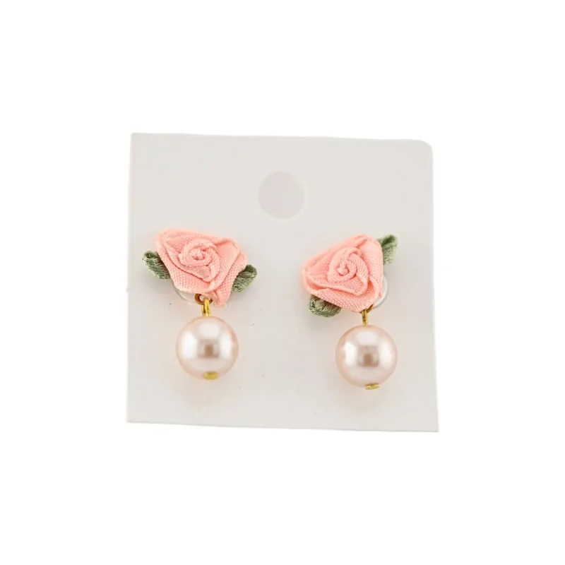 Boucles d'Oreilles Fleur tissu Rose et Perle