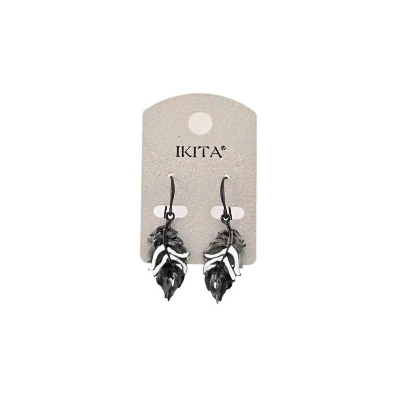 Black and white metal feather earrings from Ikita