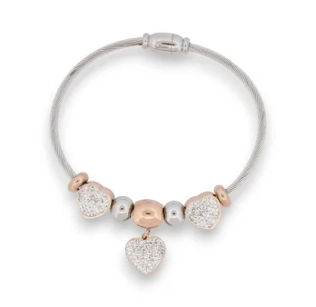 Pulsera de acero Charms Corazones Strass Bicolor