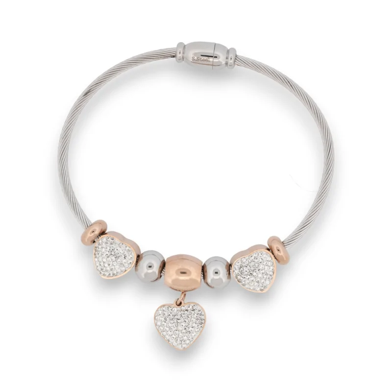 Bracciale di gioielleria fine con charms cuore argentato e oro rosa