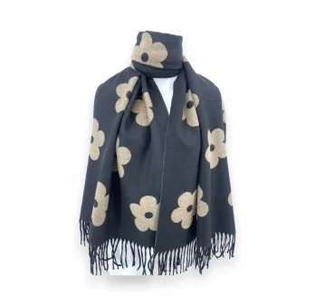 Soft scarf with black and beige floral patterns