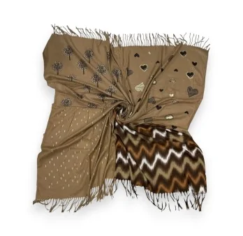 Square patchwork scarf with 4 sides in camel