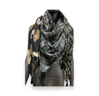 Foulard carré patchwork noir et beige