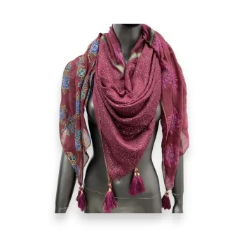 Foulard patchwork fleurs et soleil bordeau