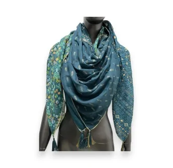 Square patchwork scarf with ethnic Liberty print in teal blue