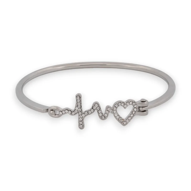Silver-colored bangle with heart and rhinestone