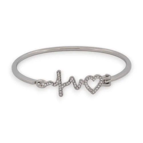 Silver-colored bangle with heart and rhinestone