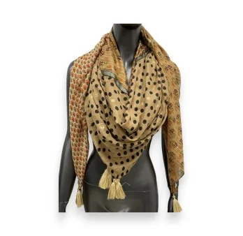 Square patchwork scarf in camel with flowers and dots